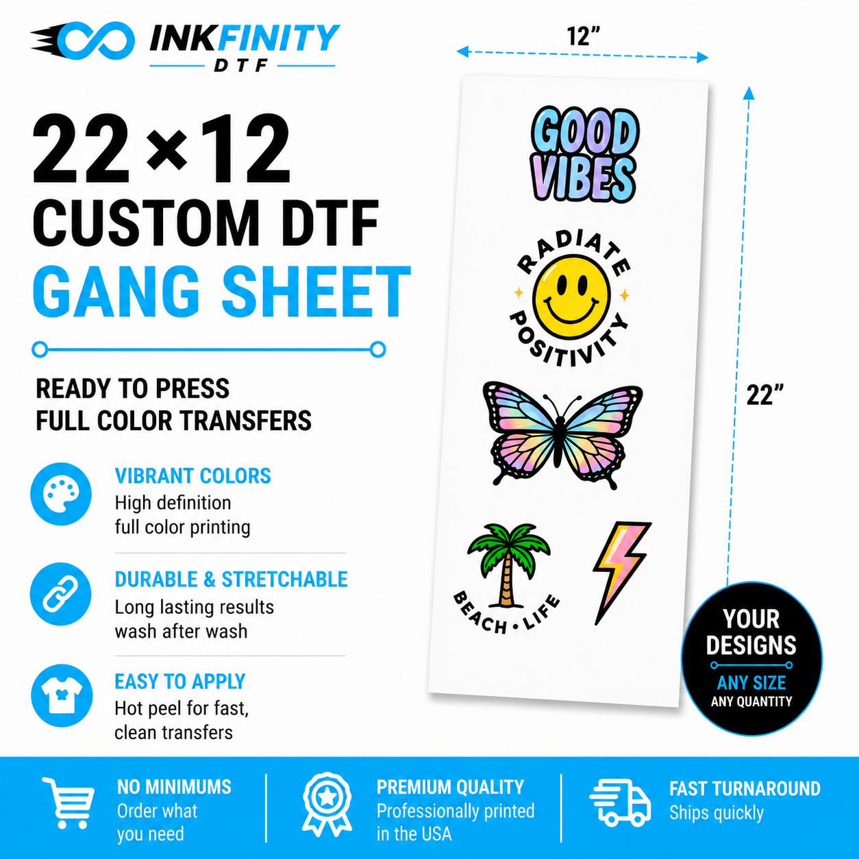 22×12 Custom DTF Gang Sheet – Ready to Press Full Color Heat Transfer