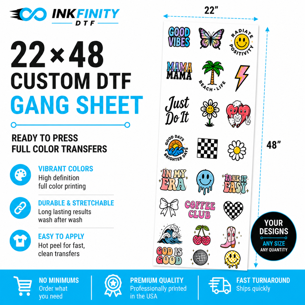 22×48 Custom DTF Gang Sheet – Ready to Press Full Color Heat Transfer