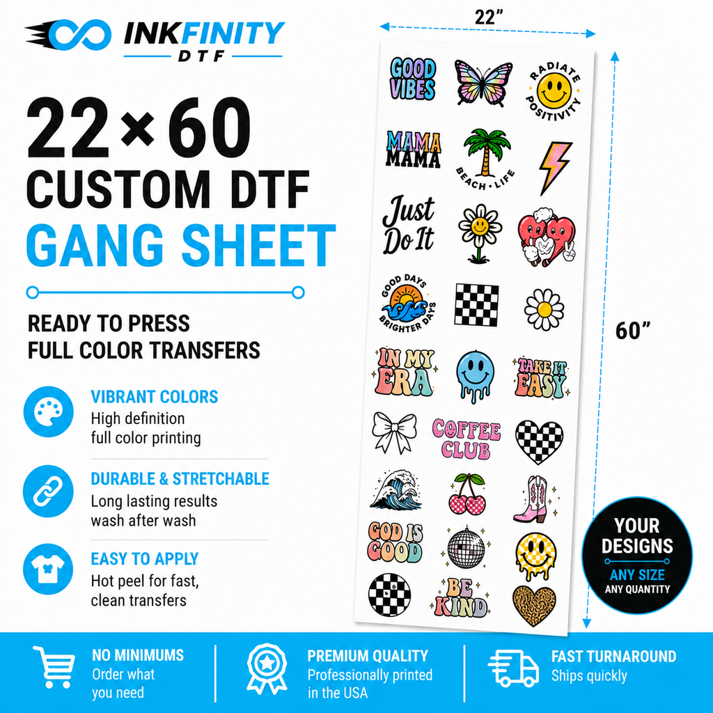 22×60 Custom DTF Gang Sheet – Ready to Press Full Color Heat Transfer