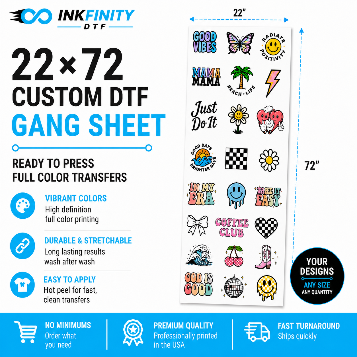 22×72 Custom DTF Gang Sheet – Ready to Press Full Color Heat Transfer