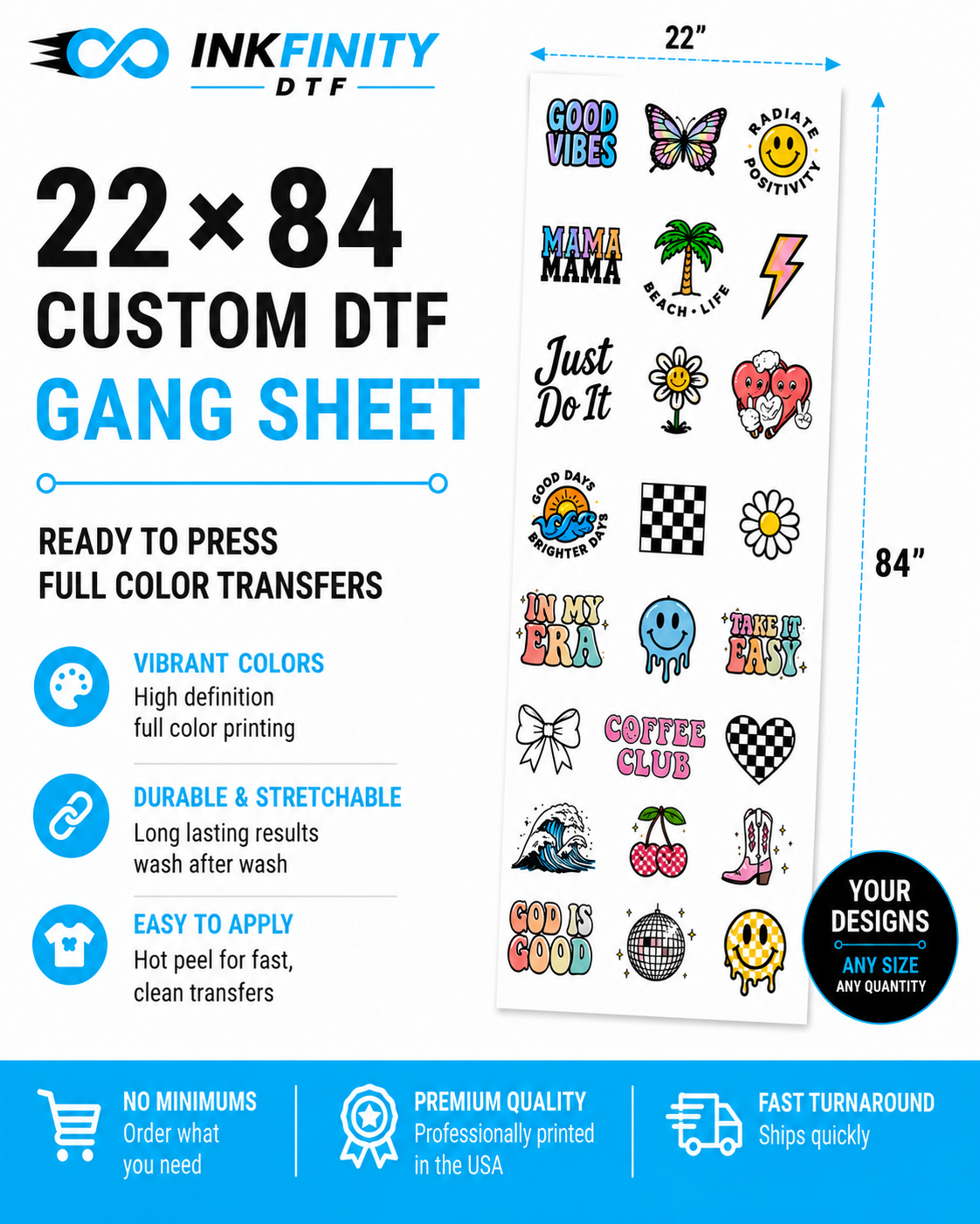22×84 Custom DTF Gang Sheet – Ready to Press Full Color Heat Transfer