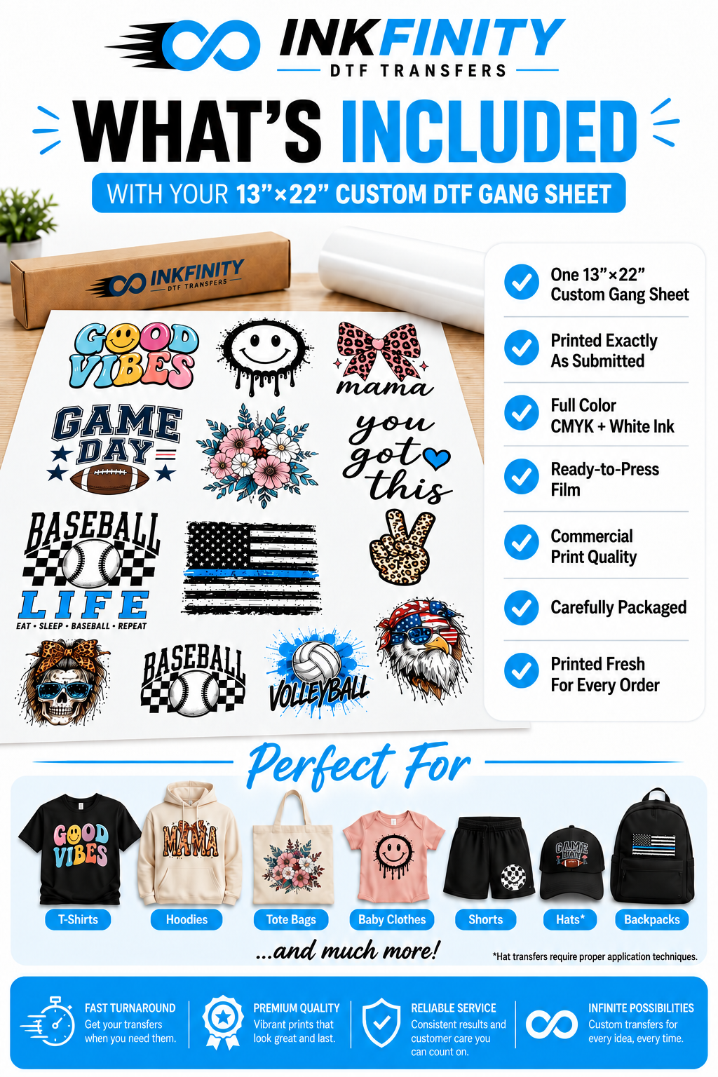 13 x 22 Custom DTF Gang Sheet – Ready to Press Full Color Heat Transfer