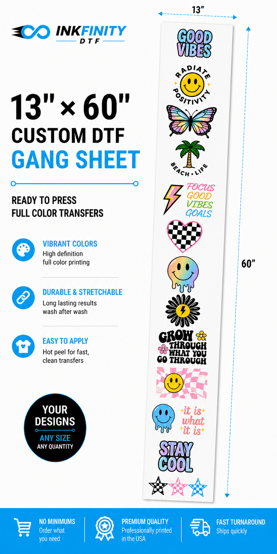 13 × 60 Custom DTF Gang Sheet – Ready to Press Full Color Heat Transfer