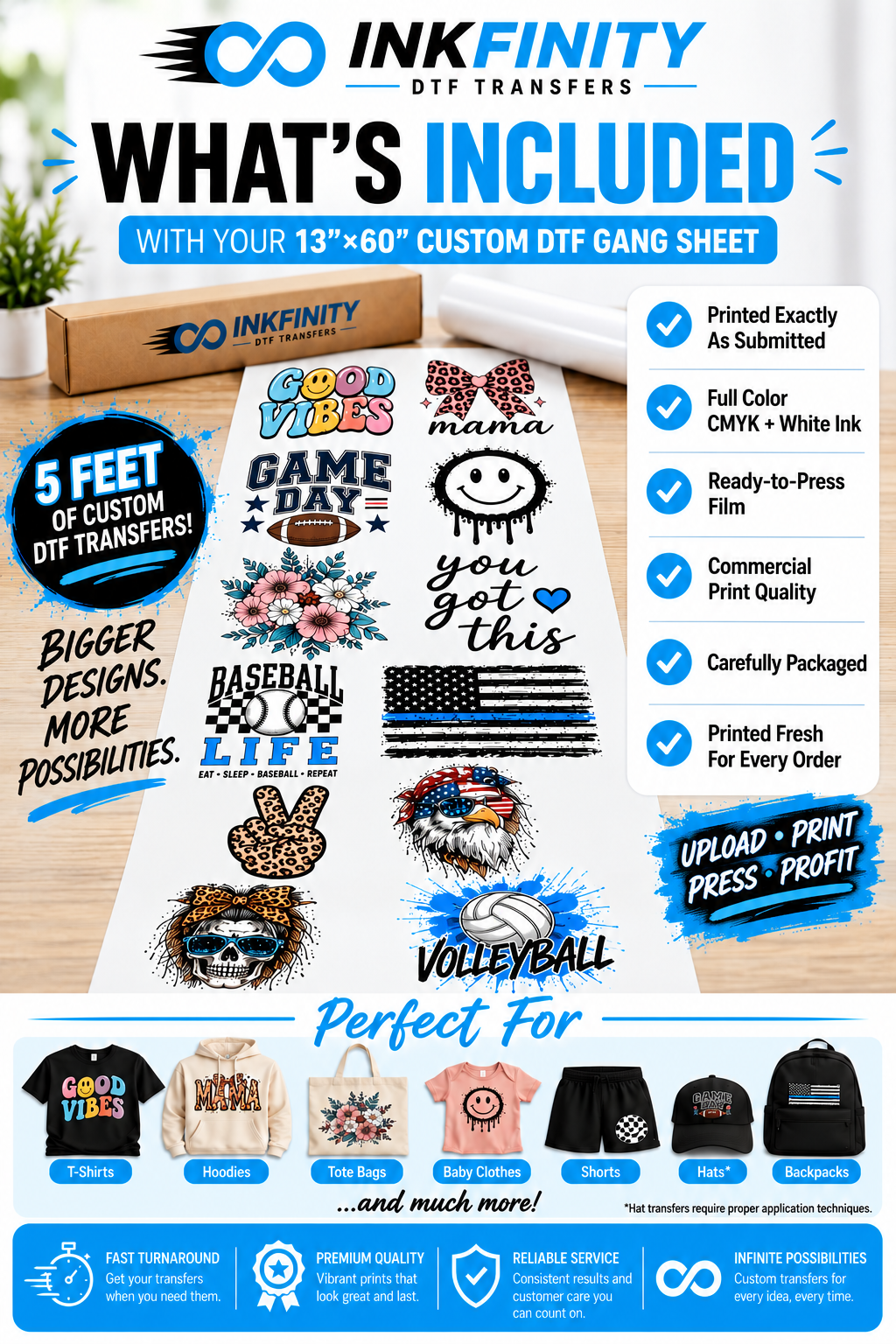 13 × 60 Custom DTF Gang Sheet – Ready to Press Full Color Heat Transfer