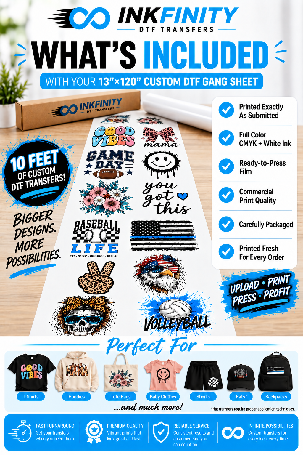 13 × 120 Custom DTF Gang Sheet – Ready to Press Full Color Heat Transfer