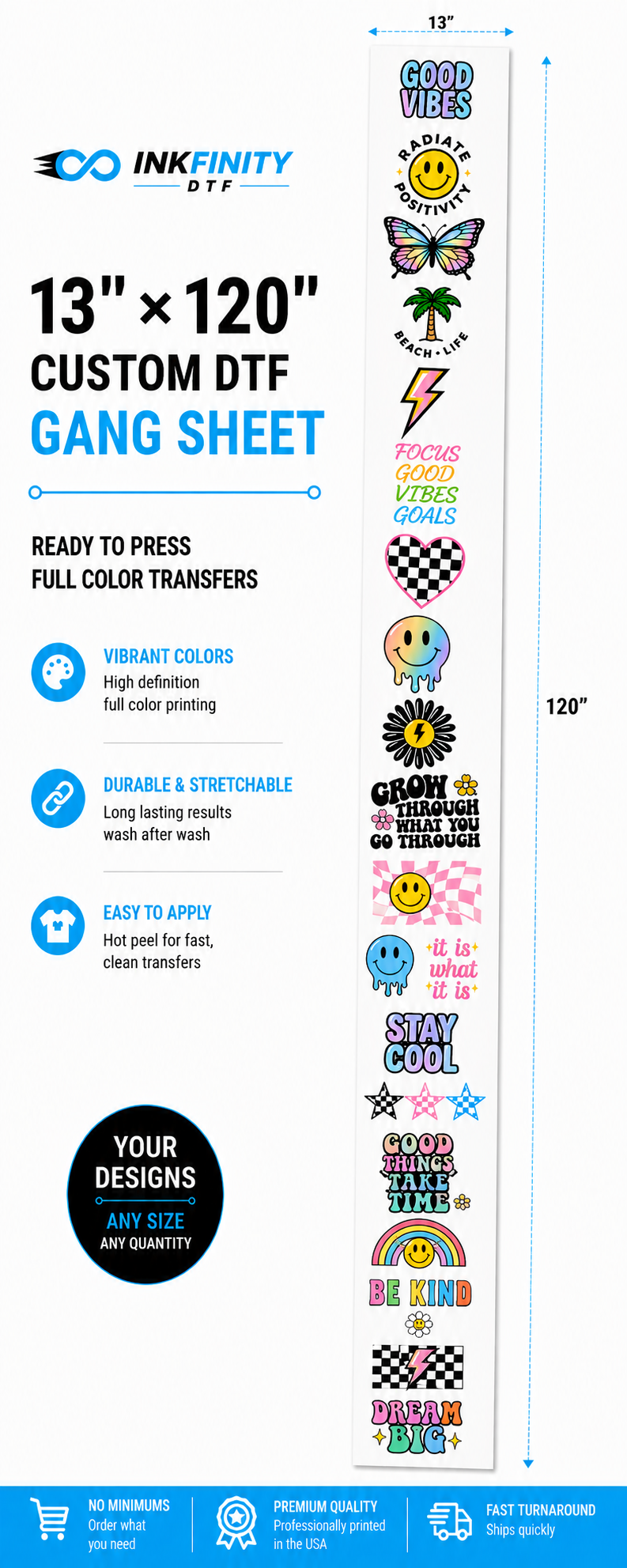 13 × 120 Custom DTF Gang Sheet – Ready to Press Full Color Heat Transfer
